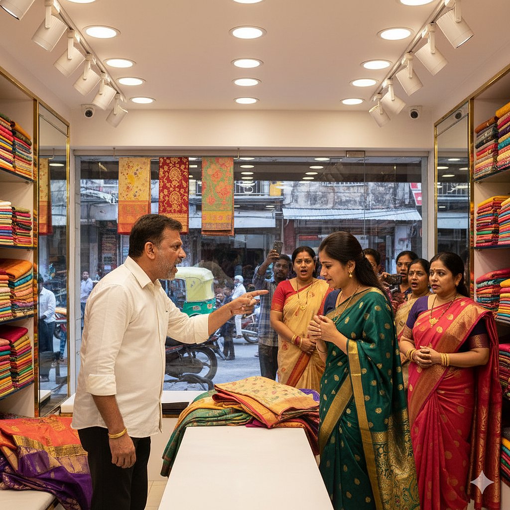 ಸೀರೆ ಕದ್ದ ಆರೋಪ: ಮಹಿಳೆಗೆ ಬೂಟುಕಾಲಿನಿಂದ ಒದ್ದ ಅಂಗಡಿ ಮಾಲೀಕ