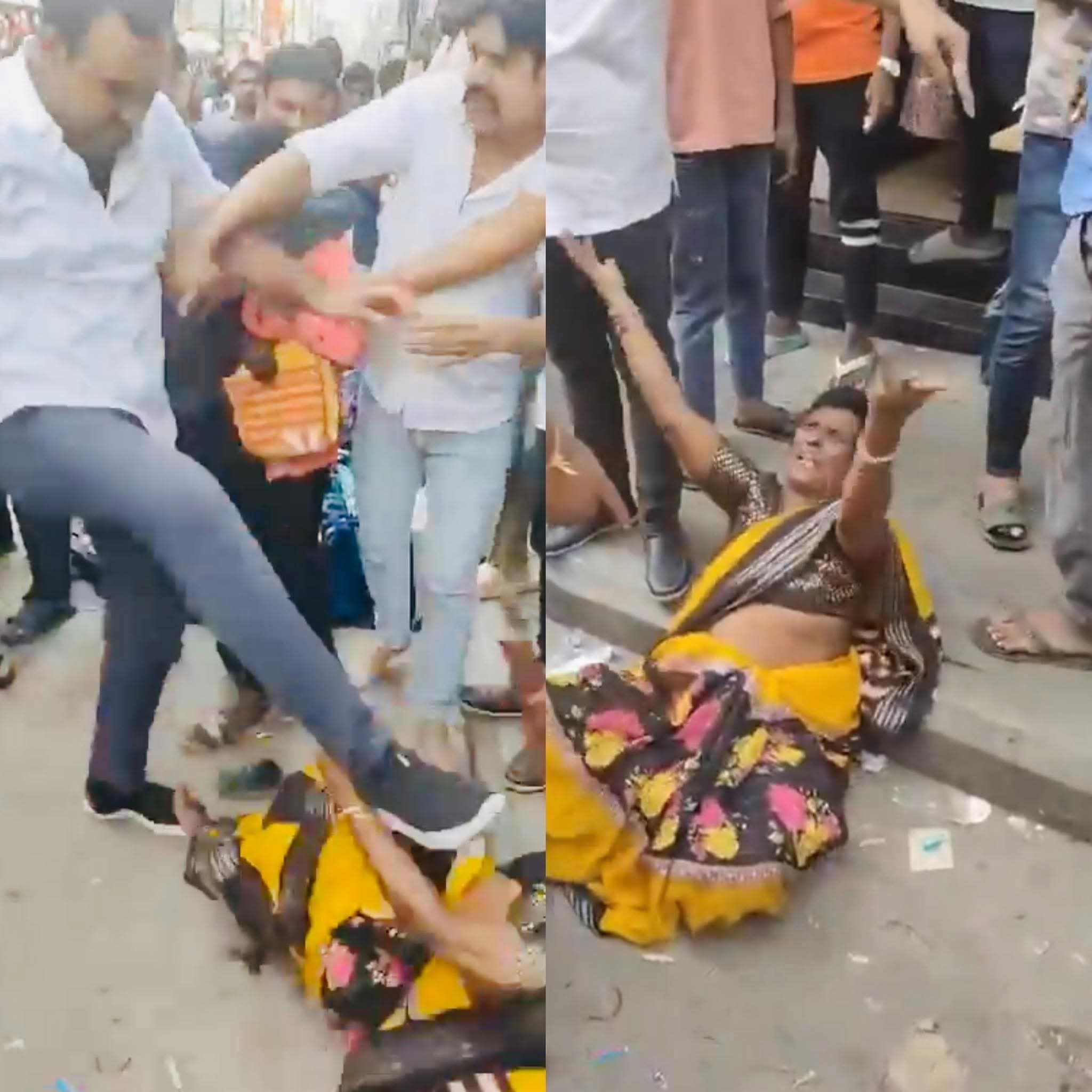 ಶೂ ಧರಿಸಿದ್ದ ಕಾಲಿನಿಂದ ಮಹಿಳೆಗೆ ಒದೆಯುತ್ತಿರುವ ದೃಶ್ಯ 