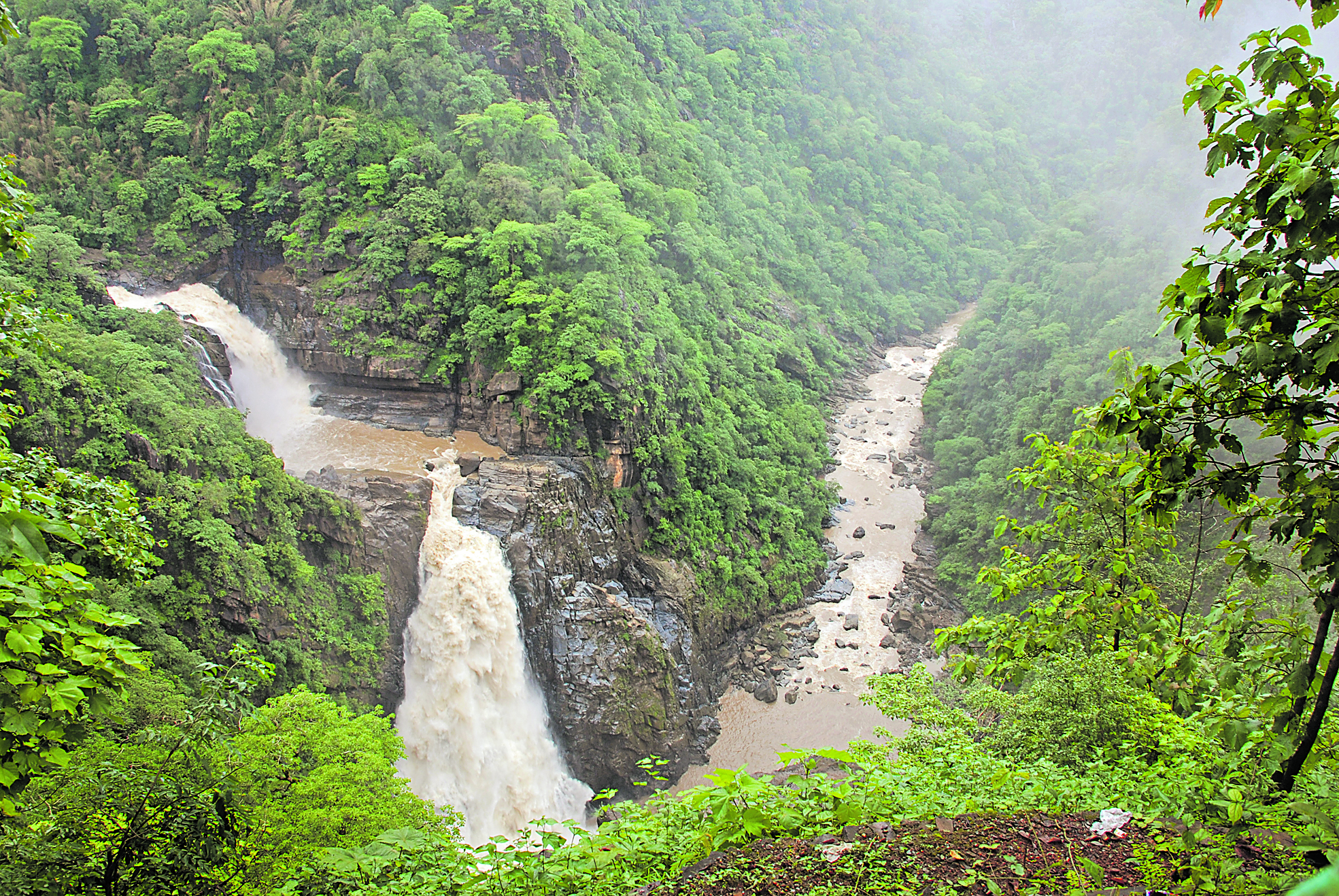 ಮೈದುಂಬಿರುವ ಮಾಗೋಡು ಜಲಪಾತದ ವಿಹಂಗಮ ನೋಟ