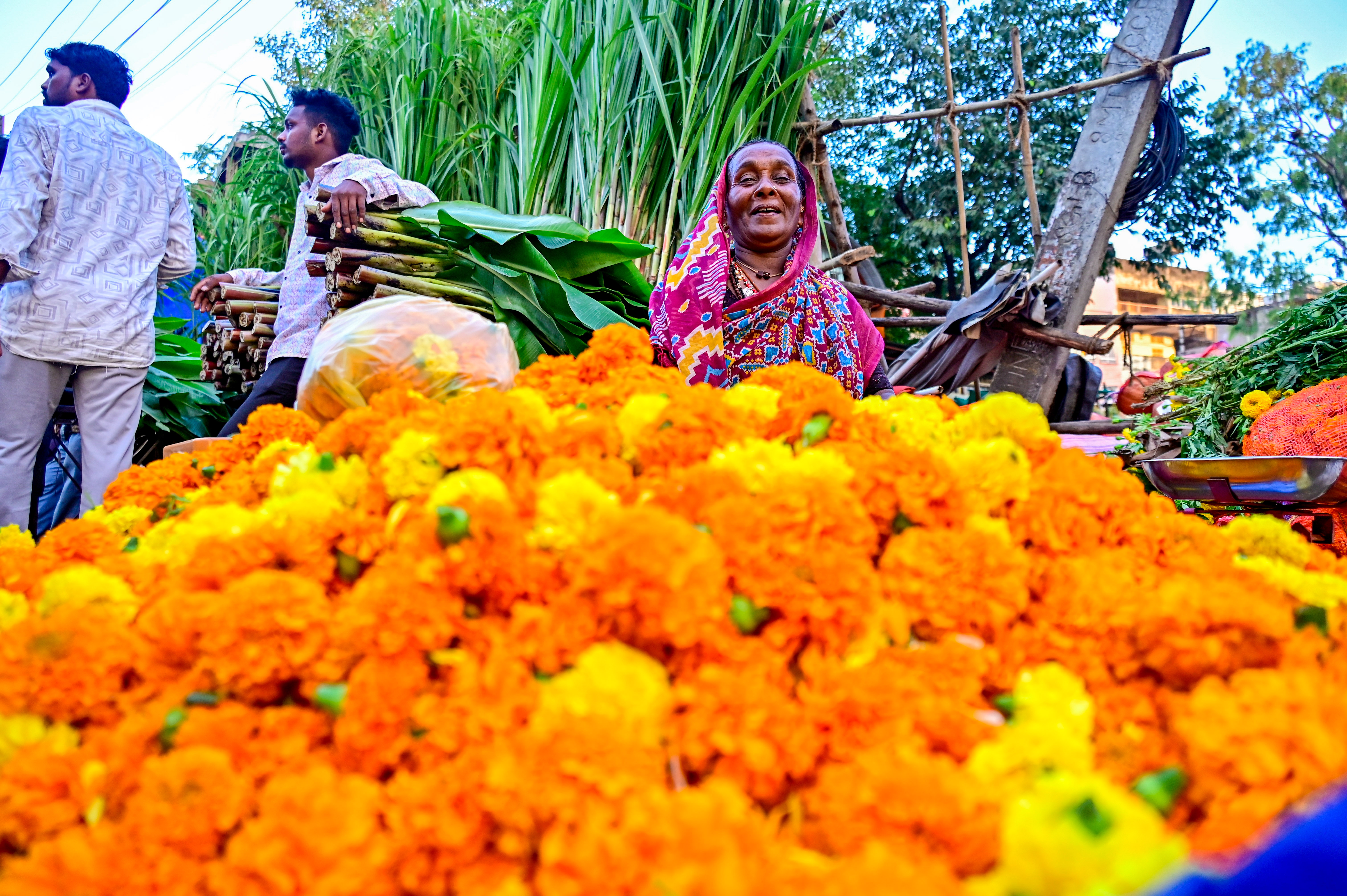 ಕಲಬುರಗಿಯ ಮಾರುಕಟ್ಟೆಯಲ್ಲಿ ಚೆಂಡು ಹೂವು ಮಾರಾಟ ಮಾಡುತ್ತಿರುವ ಮಹಿಳೆ