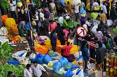 ಬೆಂಗಳೂರಿನ ಕೃಷ್ಣರಾಜ ಮಾರುಕಟ್ಟೆಯಲ್ಲಿ ಮಂಗಳವಾರ ದಸರಾ ಹಬ್ಬದ ಆಯುಧ ಪೂಜೆ ಮುನ್ನ ದಿನ ಹೂವು ಹಣ್ಣು ಮತ್ತು ಪೂಜಾ ಸಾಮಗ್ರಿಗಳನ್ನು ಖರೀದಿಸಲು ಅಪಾರ ಸಂಖ್ಯೆಯಲ್ಲಿ ಜನರು ಸೇರಿದ್ದರು. 