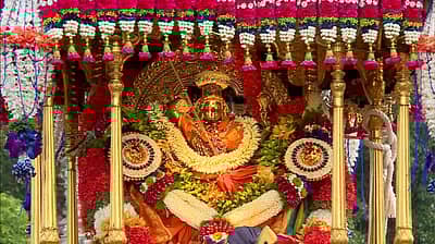 ಅಂಬಾರಿಯಲ್ಲಿ ಅಲಂಕರಿಸಿ ಇಡಲಾಗಿದ್ದ ಚಾಮುಂಡೇಶ್ವರಿ ಉತ್ಸವ ಮೂರ್ತಿ