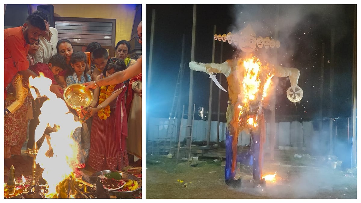ಇಸ್ಕಾನ್‌ನಲ್ಲಿ ನವರಾತ್ರಿ ಸಂಭ್ರಮ: 15 ಅಡಿ ಎತ್ತರದ ರಾವಣ ಪ್ರತಿಕೃತಿ ದಹನ