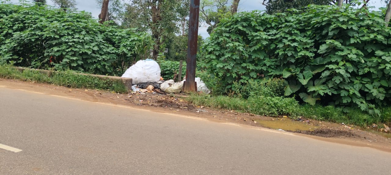 ಸುಂಟಿಕೊಪ್ಪದ ರಾಷ್ಟ್ರೀಯ ಹೆದ್ದಾರಿ ಅಯ್ಯಪ್ಪ ದೇವಾಲಯದ ಮುಂಭಾಗದಲ್ಲಿ ಕಂಡು ಬಂದ ಕಸದ ರಾಶಿಯ ಚೀಲಗಳು