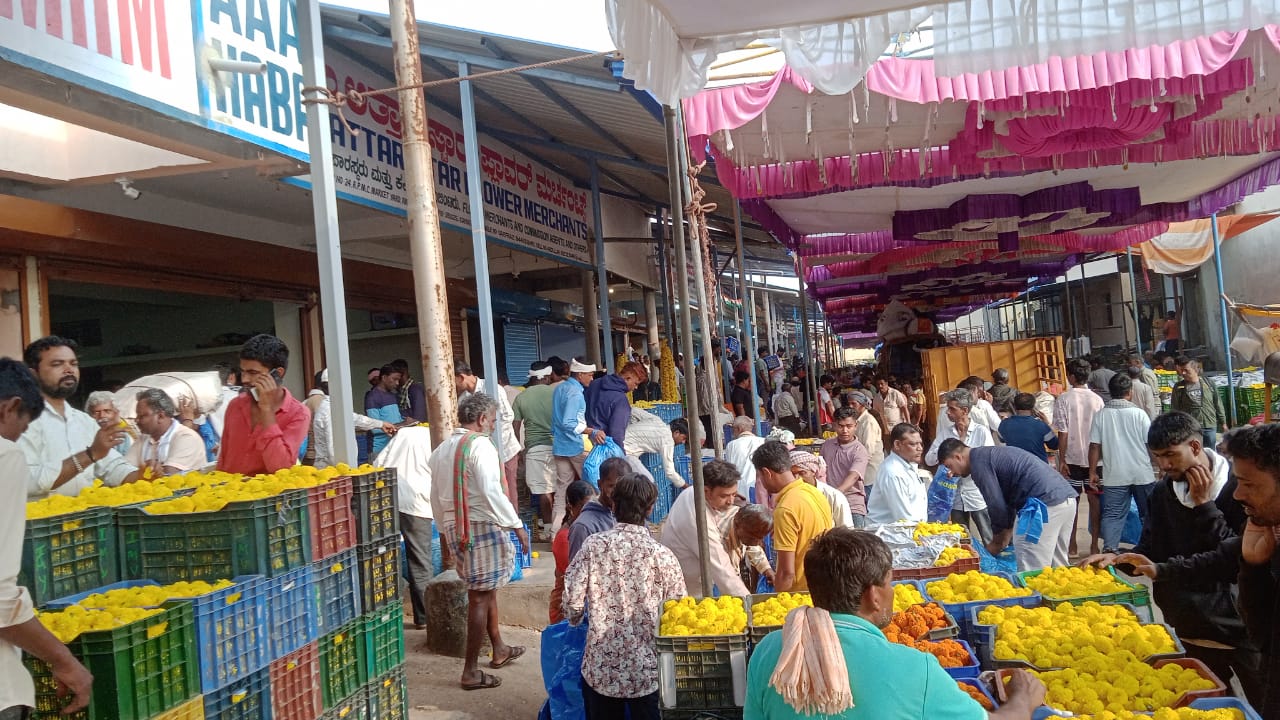 ದೀಪಾವಳಿ ಹಬ್ಬದ ಪ್ರಯುಕ್ತ ಹುಬ್ಬಳ್ಳಿಯ ಅಮರಗೋಳದ ಎಪಿಎಂಸಿಯಲ್ಲಿನ ಹೂವಿನ ಮಾರುಕಟ್ಟೆ ವಿಭಾಗದಲ್ಲಿ ಮಂಗಳವಾರ ಚೆಂಡು ಸೇವತಿಗೆ ಹೂವು ಮಾರಾಟ ನಡೆಯಿತು