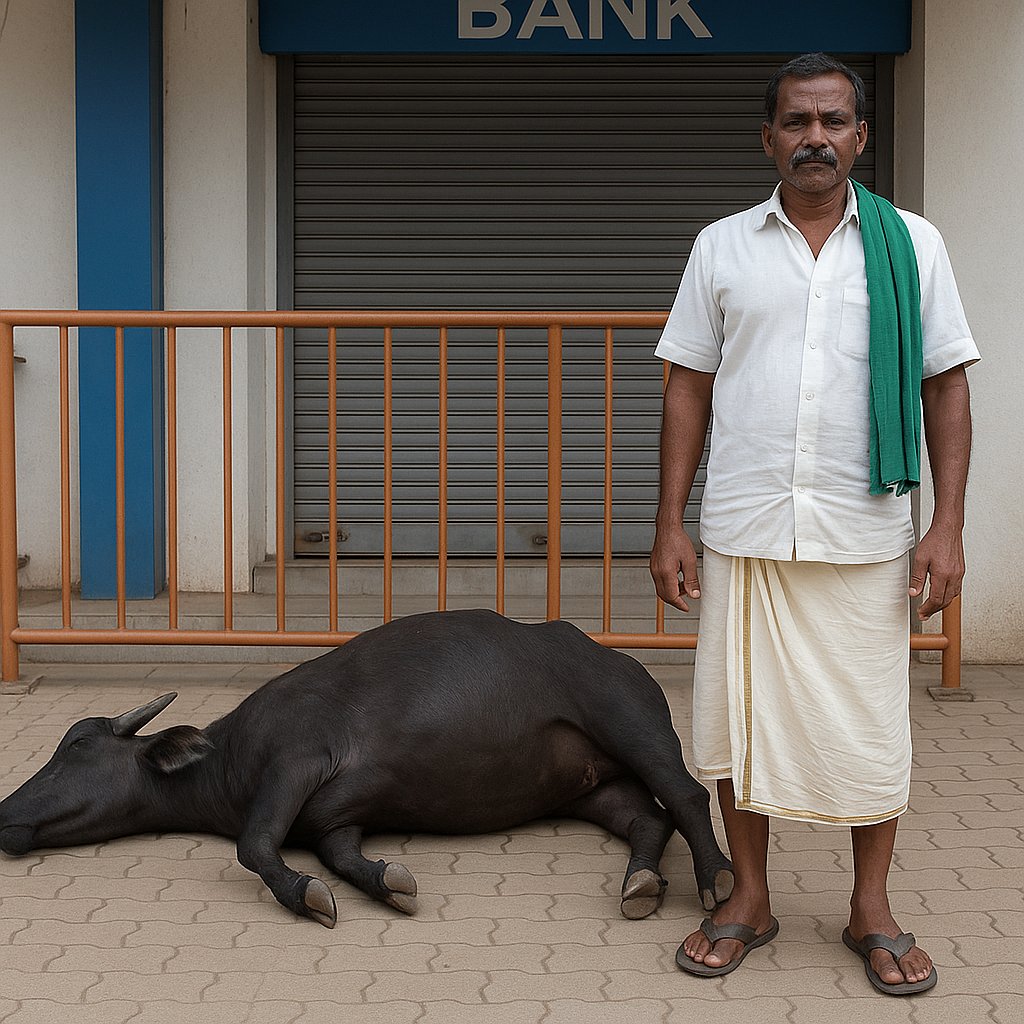 ವಿಮೆ ಪರಿಹಾರಕ್ಕೆ ಆಗ್ರಹ: ಬ್ಯಾಂಕ್ ಹೊರಗೆ ಎಮ್ಮೆ ಕಳೇಬರ ಇಟ್ಟು ಪ್ರತಿಭಟಿಸಿದ ರೈತ