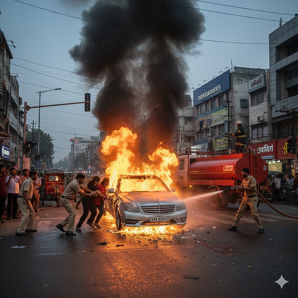 ದೆಹಲಿ: ಹೊತ್ತಿ ಉರಿಯುತ್ತಿದ್ದ ಬೆಂಜ್ ಕಾರಿನಿಂದ ಮಹಿಳೆ, ಮಗುವಿನ ರಕ್ಷಣೆ