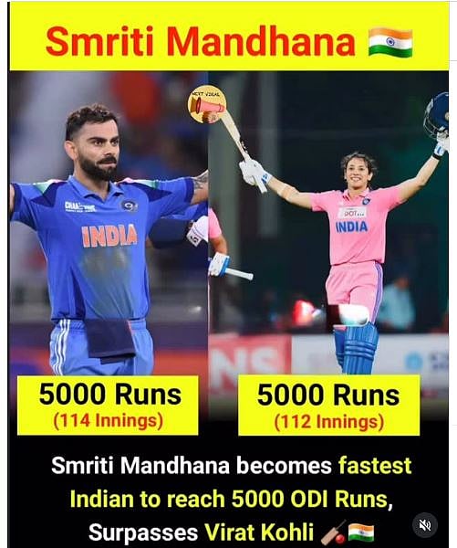 Fact check: ODI; ಮಂದಾನ ಅವರು ಕೊಹ್ಲಿಗಿಂತಲೂ ವೇಗವಾಗಿ 5,000 ರನ್ ಗಳಿಸಿದ್ದಾರೆ