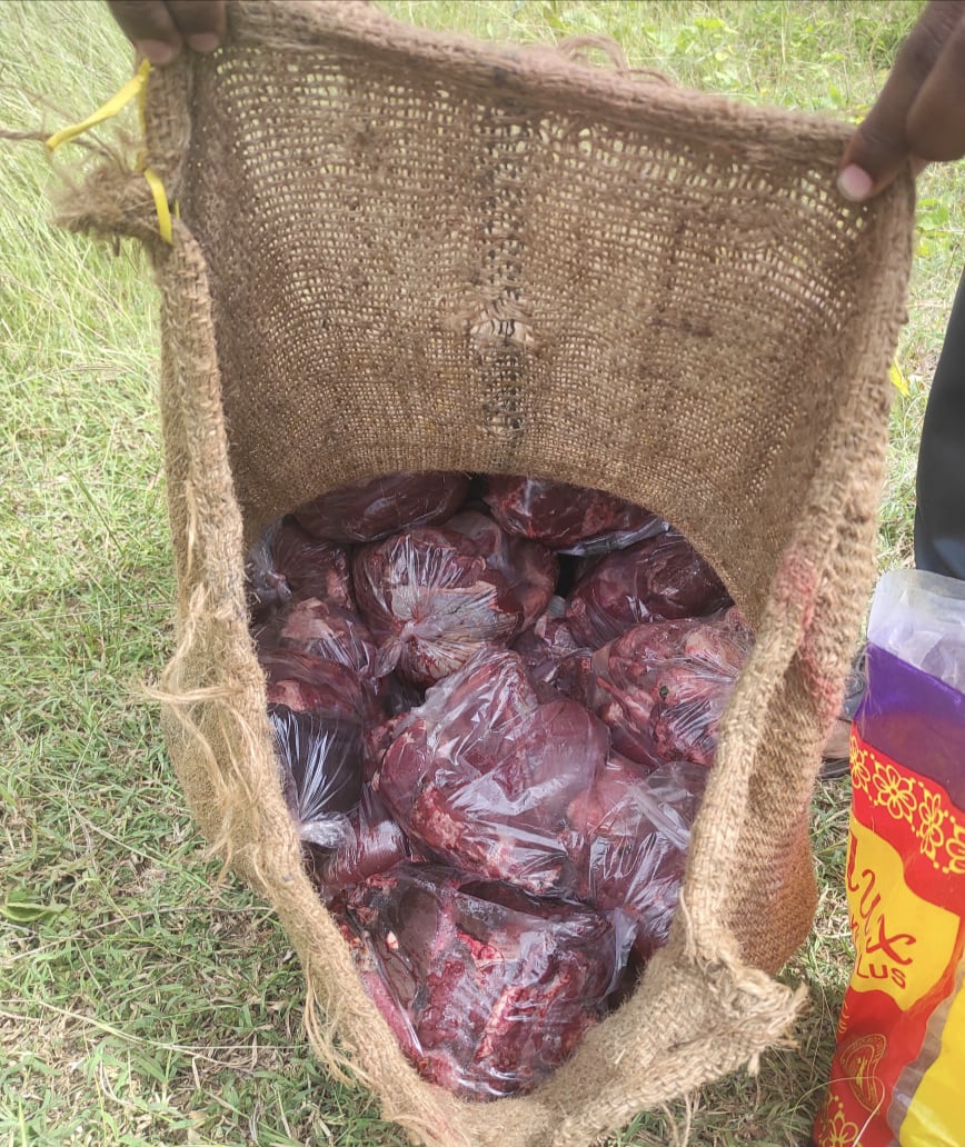 ಪ್ಲಾಸ್ಟಿಕ್ ಚೀಲದಲ್ಲಿ ಜಿಂಕೆ ಮಾಂಸ ಶೇಖರಿಸಿರುವುದು 