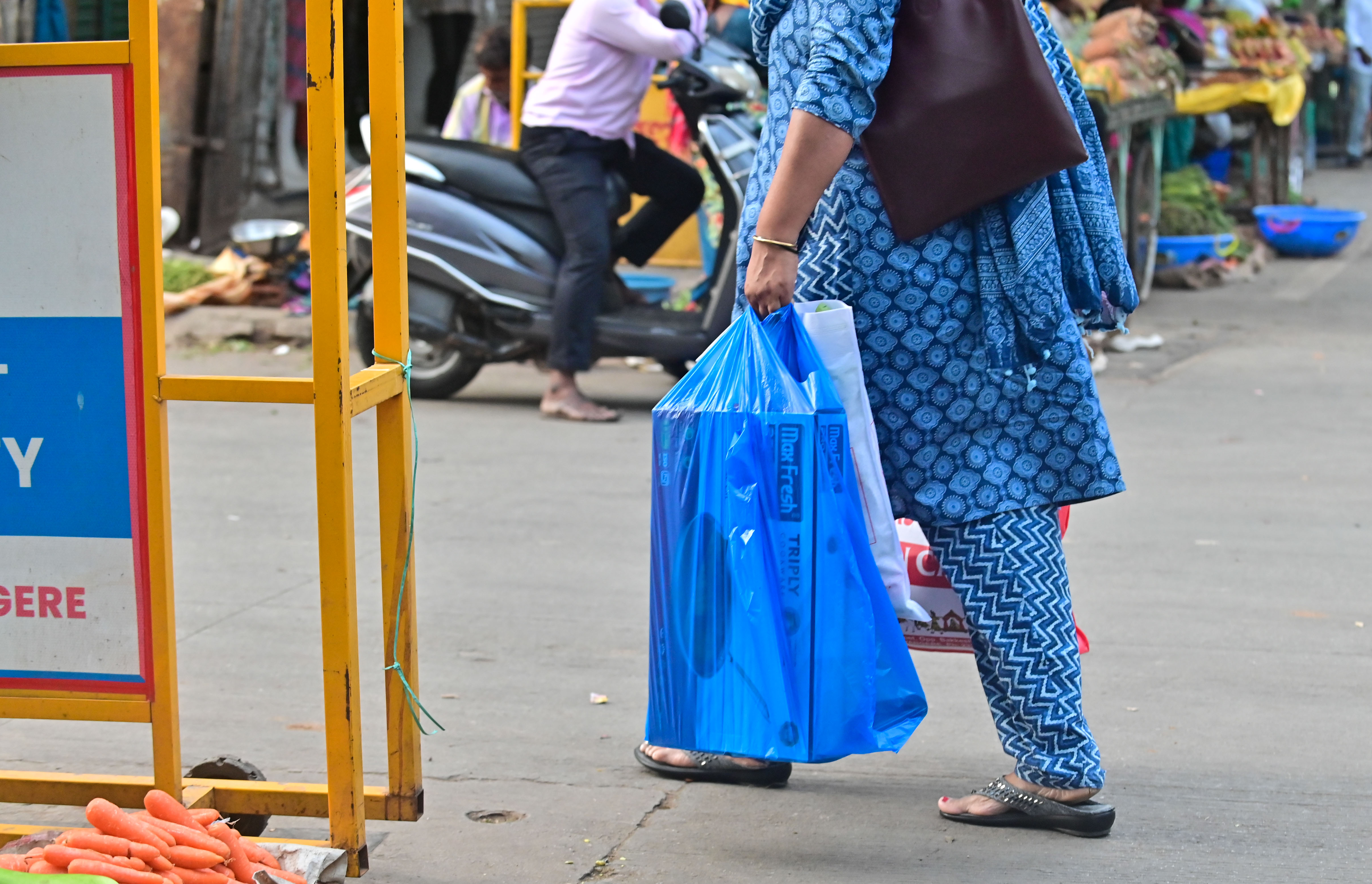 ದಾವಣಗೆರೆಯಲ್ಲಿ ಮಹಿಳೆಯೊಬ್ಬರು ಪ್ಲಾಸ್ಟಿಕ್ ಕವರ್‌ ಹಿಡಿದು ಸಾಗಿದರು