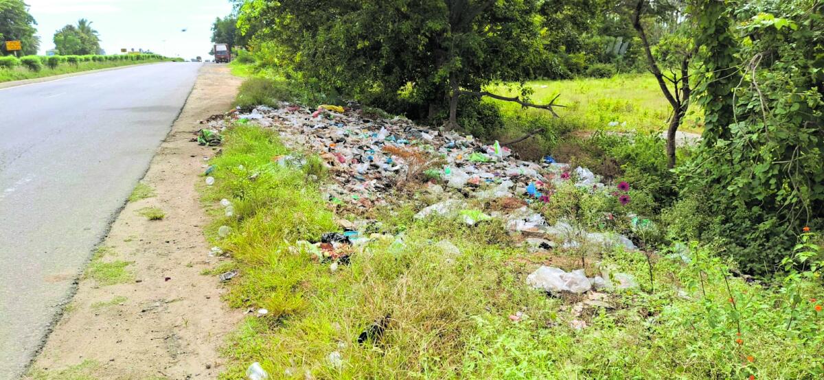 ಹೆದ್ದಾರಿಯ ಇಕ್ಕೆಲಗಳಲ್ಲಿ ಬಿದ್ದಿರುವ ತ್ಯಾಜ್ಯ