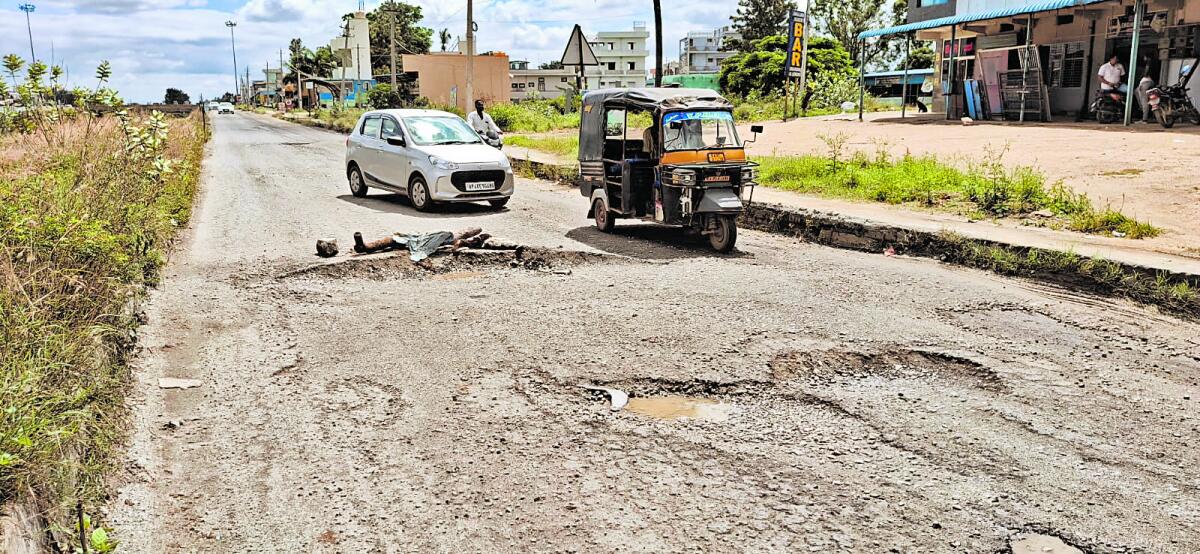 ಹೆದ್ದಾರಿಯ ಎನ್.ವಡ್ಡಹಳ್ಳಿ ಬಳಿ ಬಿದ್ದಿರುವ ಗುಂಡಿಗಳು