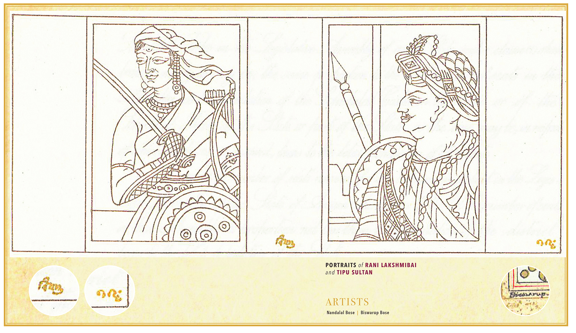 ಸಂವಿಧಾನದ ಪ್ರತಿಯಲ್ಲಿ ಚಿತ್ರಿಸಲಾಗಿರುವ ರಾಣಿ ಲಕ್ಷ್ಮೀ ಬಾಯಿ ಮತ್ತು ಟಿಪ್ಪು ಸುಲ್ತಾನ್‌ –ಚಿತ್ರಕೃಪೆ: ಲಲಿತಕಲಾ ಅಕಾಡೆಮಿ ನವದೆಹಲಿ