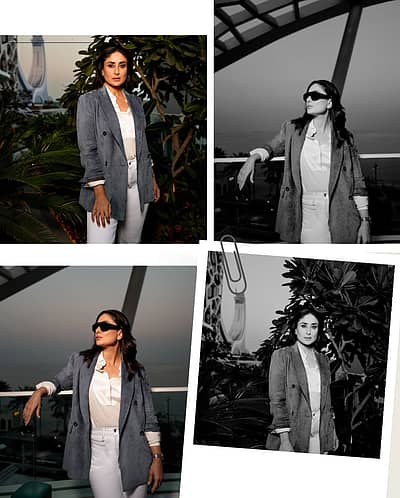  ಸೂಟ್, ಕೋಟ್ ಧರಿಸಿ ನಟಿ  ಕರಿನಾ ಕಪೂರ್ 45ರ ವಯಸ್ಸಿನಲ್ಲೂ  ಮಿಂಚಿದ್ದಾರೆ.