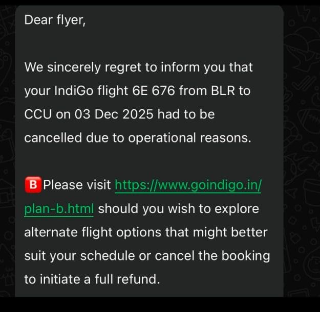 ವಿಮಾನ ರದ್ದಾಗಿರುವ ಟಿಕೆಟ್‌ ಹಣ ಮರು ಪಾವತಿ ಬಗ್ಗೆ ಸಂದೇಶ ರವಾನಿಸಿರುವ ಇಂಡಿಗೊ ಸಂಸ್ಥೆ