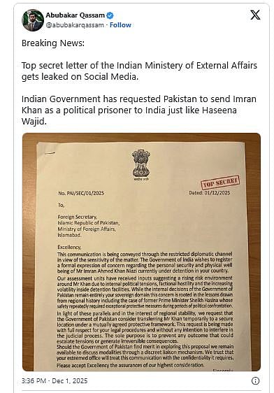 Fact check:ಇಮ್ರಾನ್ ಖಾನ್ ಹಸ್ತಾಂತರಕ್ಕೆ ಭಾರತ ಪತ್ರ ಬರೆದಿದೆ ಎಂಬುವುದು ಸುಳ್ಳು