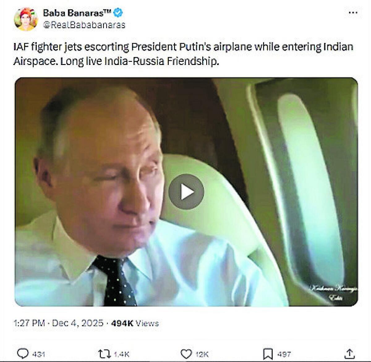 ಫ್ಯಾಕ್ಟ್‌ಚೆಕ್‌ | ಪುಟಿನ್‌ಗೆ ಭಾರತ ಯುದ್ಧ ವಿಮಾನಗಳ ಬೆಂಗಾವಲು; ವಿಡಿಯೊ ಸುಳ್ಳು