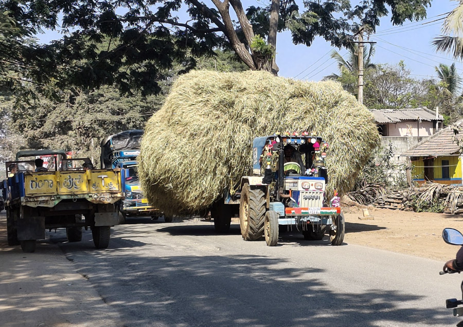 ಮಲೇಬೆನ್ನೂರು ಪಟ್ಟಣದ ಮೂಲಕ ಒಣಗಿದ ಭತ್ತದ ಹುಲ್ಲನ್ನು ಟ್ರ್ಯಾಕ್ಟರ್ ಮೂಲಕ ಸಾಗಣೆ ಮಾಡುತ್ತಿರುವ ರೈತರು 
