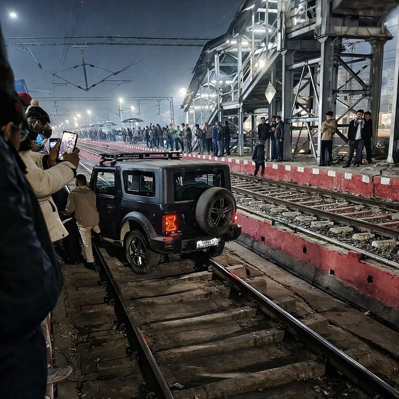 ವಿಡಿಯೊ: ರೈಲು ನಿಲ್ದಾಣದ ಹಳಿ ಮೇಲೆಯೇ ಥಾರ್ ಕಾರು ಚಲಾಯಿಸಿದ!