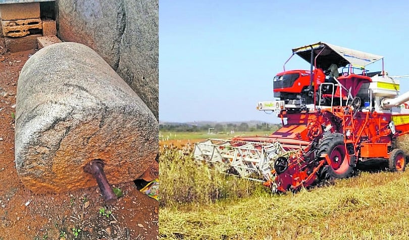 ರಾಗಿ ಕಣವೂ ಮಾಯ: ಕಣದಲ್ಲಿದ್ದ ಗುಂಡು ಮಾಯ... ಯಂತ್ರಗಳದ್ದೇ ಕಾರುಬಾರು