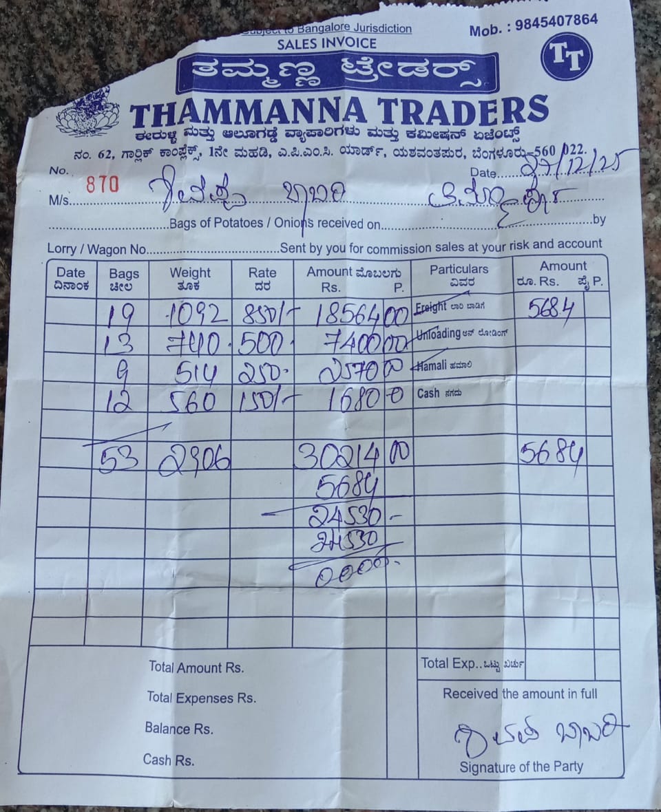 ರೈತ ಶಿವಪ್ಪ ಬಾಬರಿ ಯಶವಂತಪುರದ ಎಪಿಎಂಸಿಯಲ್ಲಿ ಈರುಳ್ಳಿ ಮಾರಿದ ರಶೀದಿ