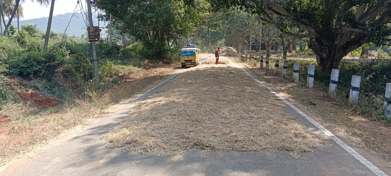 ಕೊಳ್ಳೇಗಾಲ ತಾಲ್ಲೂಕಿನಲ್ಲಿ ಹೆದ್ದಾರಿಯಲ್ಲಿ ಒಕ್ಕಣೆ ಮಾಡುತ್ತಿರುವ ದೃಶ್ಯ