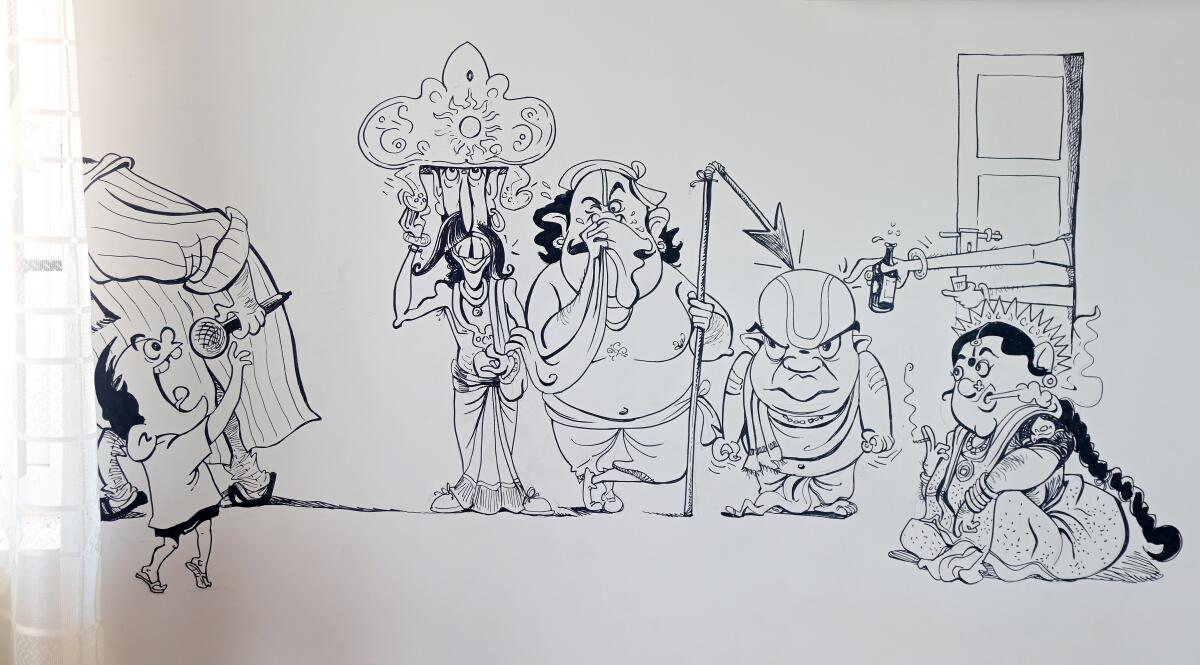 ಮನೆಯ ಕಿಟಕಿಯ ಬಳಿ ನಾಟಕದ ಗ್ರೀನ್‌ ರೂಮ್‌. ನಿರ್ದೇಶಕ ಪರದೆ ಸರಿಸಿ ಪ್ರೇಕ್ಷಕರತ್ತ ಇಣುಕುತ್ತಿದ್ದಾನೆ. ಕಿಟಿಕಿ ಪರದೆಯನ್ನೂ ಸೇರಿಸಿಕೊಂಡು ಬರೆದಿರುವ ಚಿತ್ರ