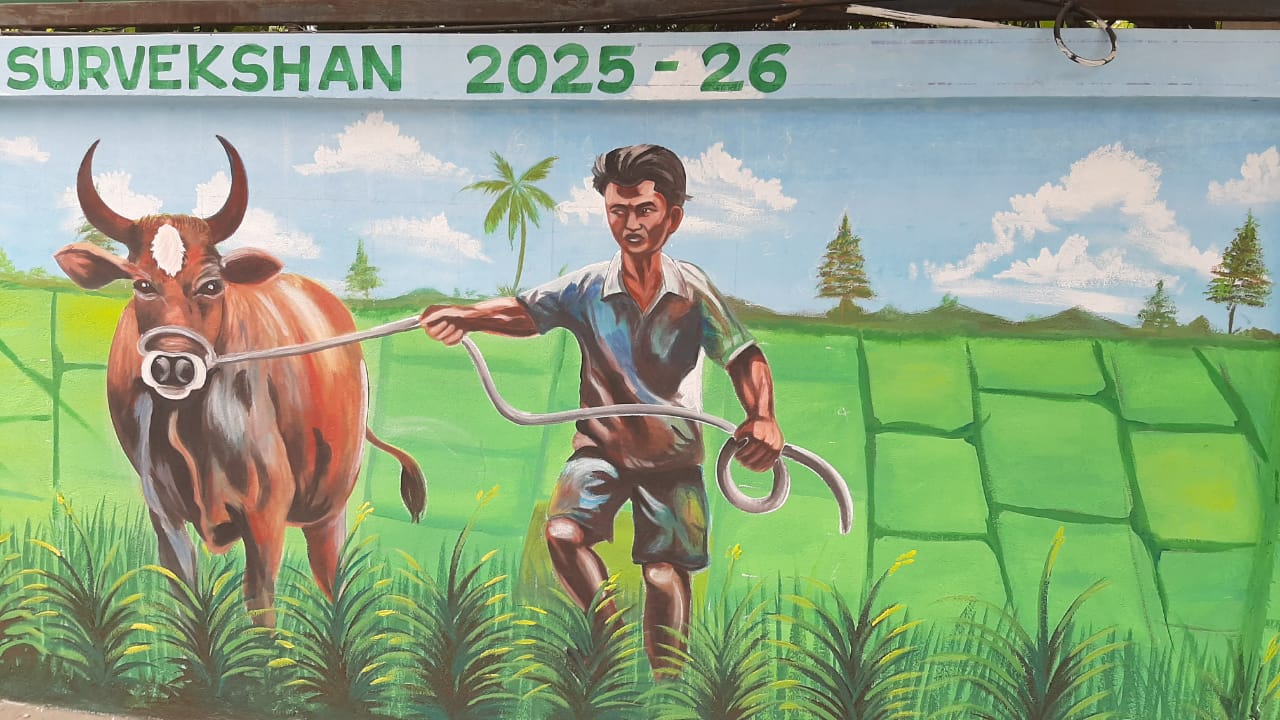 ರಾಯಚೂರಿನ ಲಿಂಗಸುಗೂರು ರಸ್ತೆಯ ಜಿಲ್ಲಾಧಿಕಾರಿ ನಿವಾಸದ ಆವರಣ ಗೋಡೆಯ ಮೇಲೆ ಭತ್ತದ ಗದ್ದೆಯಲ್ಲಿ ಪ್ರೀತಿಯ ಗೋವನ್ನು ಮೇಯಿಸುತ್ತಿರುವ ರೈತ