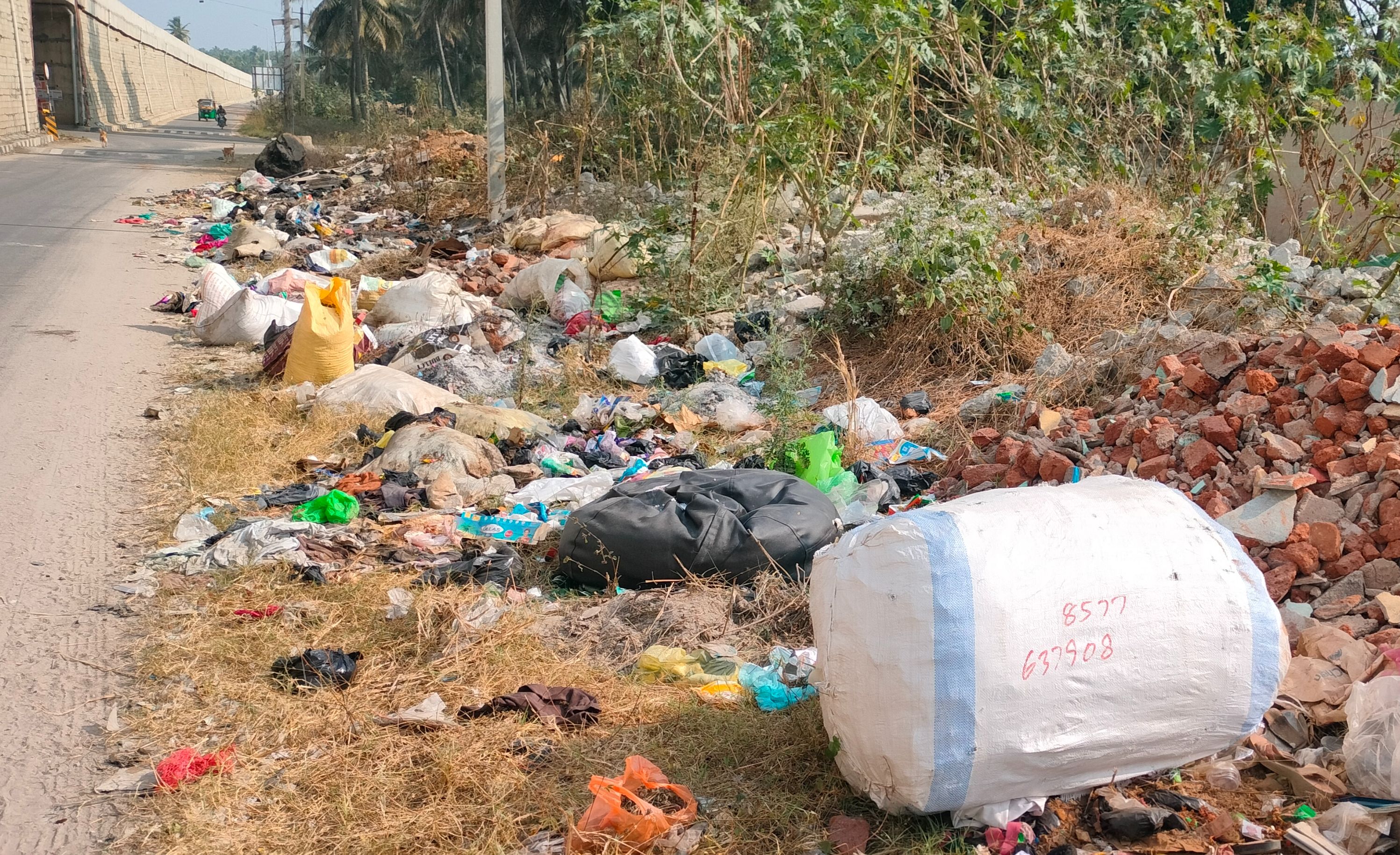 ಕನಕಪುರದ ಮೇಳೆಕೋಟೆ ಬಳಿಯ ಬೈಪಾಸ್ ರಸ್ತೆ ಬದಿ ಕಸ ಎಸೆದಿರುವುದು