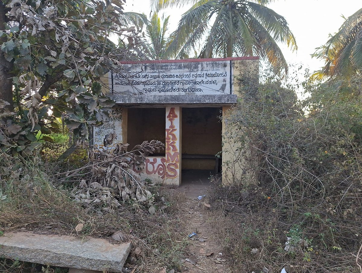 ತಿಪಟೂರು| ಗಿಡ ಗಂಟಿ, ಪೊದೆಯಲ್ಲಿ ಮರೆಯಾದ ತಂಗುದಾಣ