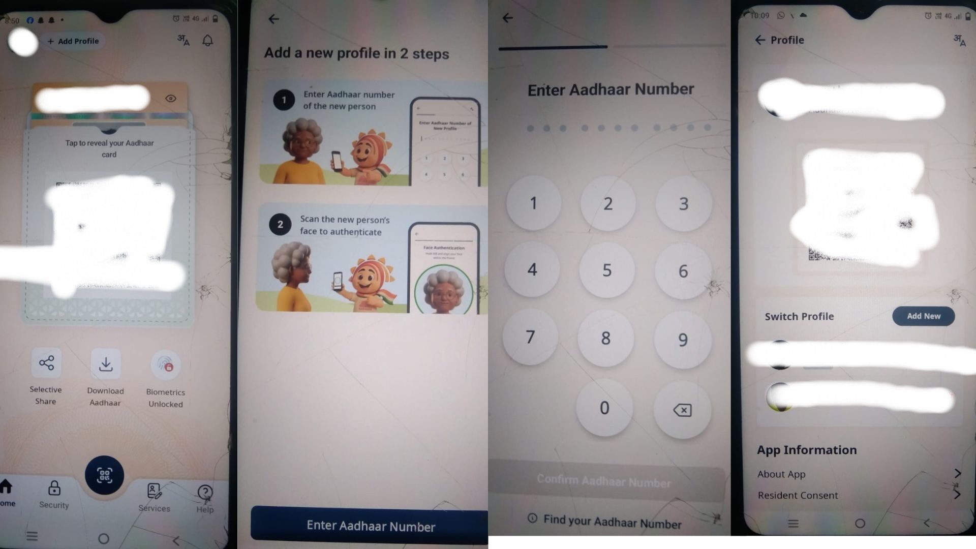 ಆಧಾರ್ ಅಪ್ಲಿಕೇಶನ್ ಮುಖಪುಟದ ಮೇಲಿನ ಮೂಲೆಯಲ್ಲಿ ‘add profile’ ಕಾಣುತ್ತದೆ. ಅಲ್ಲಿ ನಿಮ್ಮ ಫೋಟೊ ಮೇಲೆ ಕ್ಲಿಕ್ ಮಾಡಿರಿ. ಬಳಿಕ ‘add a new profile in 2 step’ ಪುಟ ತೆರೆದುಕೊಳ್ಳುತ್ತದೆ. ಅಲ್ಲಿ ‘enter aadhaar number’ ಆಯ್ಕೆ ಮಾಡಿ. ನಂತರ ಕುಟುಂಬದ ಸದಸ್ಯರ ಆಧಾರ್ ಸಂಖ್ಯೆ ನಮೂದಿಸಿ ಅವರ ಮುಖ ಪರಿಶೀಲನೆ ಮಾಡಿದರೆ, ಅಪ್ಲಿಕೇಷನ್‌ ಜೊತೆ ಅವರ ಪ್ರೊಪೈಲ್ ಲಿಂಕ್ ಆಗುತ್ತದೆ. ಹೀಗೆ ಮನೆಯ 5 ಸದಸ್ಯರ ಆಧಾರ್ ಮಾಹಿತಿ ಸೇರಿಸಬಹುದು. ಜೊತೆಗೆ ಅವರ ಮೊಬೈಲ್ ನಂಬರ್ ಮತ್ತು ವಿಳಾಸವನ್ನು ನವೀಕರಿಸಬಹುದು.