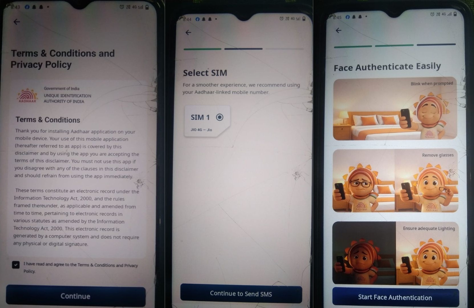 ‘terms and conditions’ ಪುಟ ತೆರೆದುಕೊಳ್ಳುತ್ತದೆ. ‘continue’ ಆಯ್ಕೆ ಮಾಡಿ. ಈಗ ಮೊಬೈಲ್ ಸಂಖ್ಯೆ ಪರೀಕ್ಷೆಯಾಗುತ್ತದೆ. ಬಳಿಕ face authentication ಪುಟ ತೆರೆದುಕೊಳ್ಳುತ್ತದೆ. ಅಲ್ಲಿ ‘start face authentication’ ಅನ್ನು ಕ್ಲಿಕ್ ಮಾಡಿ ನಿಮ್ಮ ಮುಖವನ್ನು ಸ್ಕ್ಯಾನ್ ಮಾಡಿ.