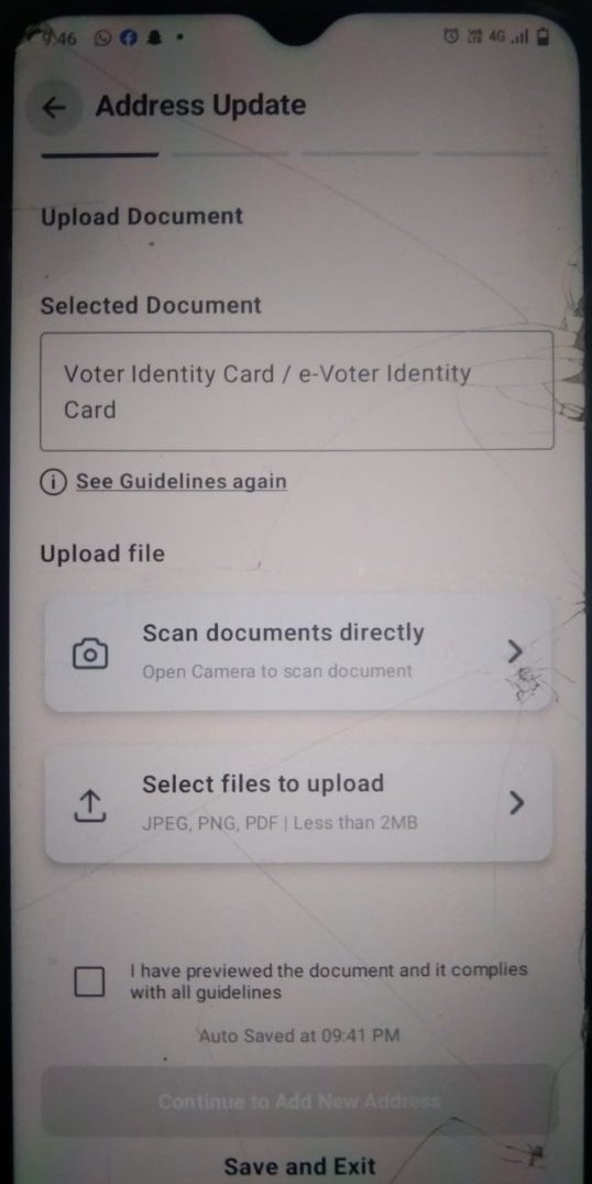 ದಾಖಲೆಯನ್ನು ಆಯ್ಕೆ ಮಾಡಿದ ನಂತರ ‘continue‘ ಮೇಲೆ ಕ್ಲಿಕ್ ಮಾಡಿ. ‘PDF’ ರೂಪದಲ್ಲಿರುವ ನಿಮ್ಮ ದಾಖಲೆಯನ್ನು ಅಪ್ಲೋಡ್ ಮಾಡಬಹುದು. ಅಥವಾ ಸ್ಕ್ಯಾನ್ ಮಾಡಿ ಅಪ್ಲೋಡ್ ಮಾಡಬಹುದು. ನಿಮ್ಮ ಲಭ್ಯತೆಗೆ ಅನುಗುಣವಾಗಿ ‘scan document directly‘ ಅಥವಾ ‘select file to upload‘ ಯಾವುದಾದರೂ ಒಂದನ್ನು ಆರಿಸಿ ದಾಖಲೆ ಸಲ್ಲಿಸಿ ‘continue to add new address’ ಅನ್ನು ಆಯ್ಕೆ ಮಾಡಿರಿ.