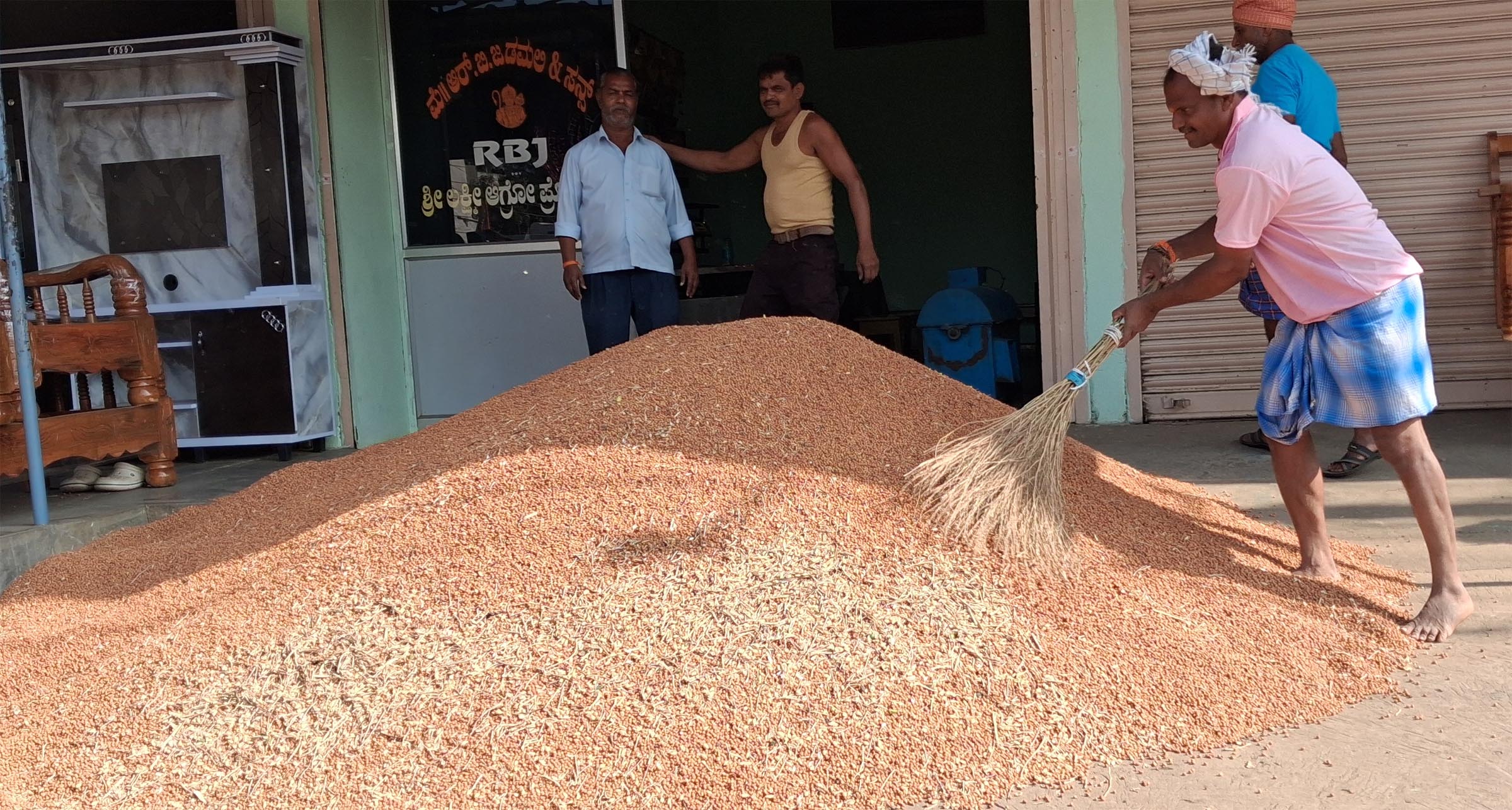 ರಾಣೆಬೆನ್ನೂರಿನ ಹಳೇ ಪಿ.ಬಿ. ರಸ್ತೆಯ ಎಪಿಎಂಸಿ ಉಪಪ್ರಾಂಗಣದ ನೆಹರೂ ಮಾರುಕಟ್ಟೆಯಲ್ಲಿ ಮಾರಾಟ ಮಾಡಲು ರೈತರು ತಂದಿರುವ ಕಡಲೆಕಾಳು