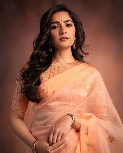 ರುಕ್ಮಿಣಿ ಅವರು ಸೀರೆಗೆ ಹೊಂದಿಕೆಯಾಗುವಂತೆ ಸರಳ ಆಭರಣಗಳನ್ನ ಧರಿಸಿ ಕಣ್ ಸೆಳೆದಿದ್ದಾರೆ.