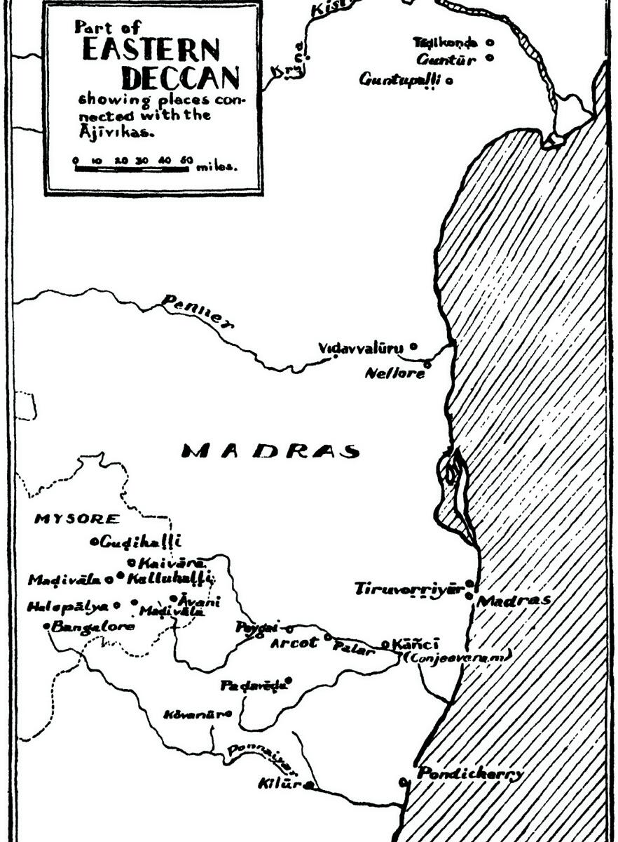 ದಕ್ಷಿಣ ಭಾರತದಲ್ಲಿನ ಅಜೀವಿಕರ ನೆಲೆಗಳು (ಎಡಚಿತ್ರ) ಶಿಡ್ಲಘಟ್ಟ ತಾಲ್ಲೂಕಿನ ಗುಡಿಹಳ್ಳಿಯ ಸೋಮೇಶ್ವರ ದೇವಾಲಯದ ಅಧಿಷ್ಠಾನದ ಮೇಲೆ ತಮಿಳು ಭಾಷೆಯಲ್ಲಿ ಬರೆದಿರುವ ಶಾಸನ