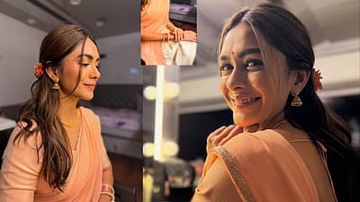 ಮೃಣಾಲ್ ಅವರು ಸೀರೆಗೆ ಹೊಂದಿಕೆಯಾಗುವಂತೆ ಸರಳ ಆಭರಣಗಳನ್ನ ಧರಿಸಿ ಗಮನ ಸೆಳೆದಿದ್ದಾರೆ.