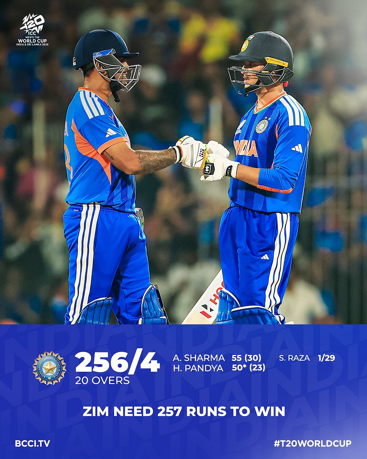 T20 ವಿಶ್ವಕಪ್: ಜಿಂಬಾಬ್ವೆಗೆ 257 ರನ್‌ಗಳ ಕಠಿಣ ಗೆಲುವಿನ ಗುರಿ ನೀಡಿದ ಭಾರತ