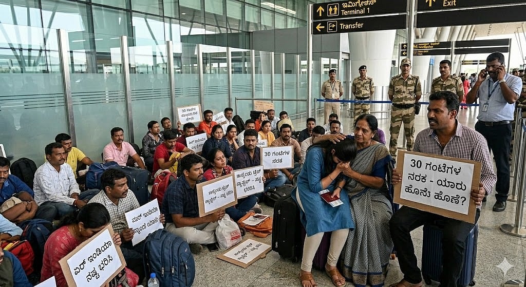 ದೇವನಹಳ್ಳಿ | ವಿಮಾನದೊಳಗೆ ಪ್ರಯಾಣಿಕರ ಪ್ರತಿಭಟನೆ