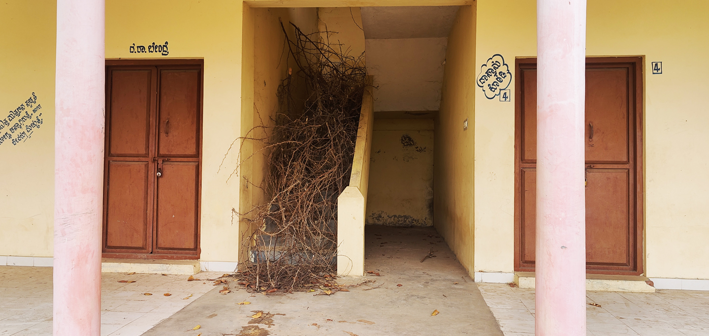 ಕಟ್ಟಡದ ಮೆಟ್ಟಿಲುಗಳಿಗೆ ಮುಳ್ಳಿನ ಬೇಲೆ ಹಾಕಿರುವುದು.