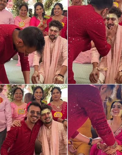 ಸ್ನೇಹಿತ ಯಜುವೇಂದ್ರ ಚಹಲ್‌ ಅವರು ಕುಲದೀಪ್-ವಂಶಿಕಾ  ಅವರಿಗೆ ಹಳದಿ ಹಚ್ಚಿ ದಾಂಪತ್ಯ ಜೀವನಕ್ಕೆ ಶುಭಕೋರಿದ್ದಾರೆ.