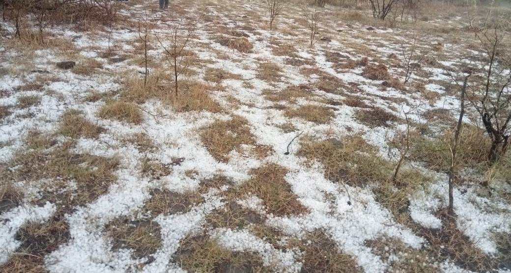 ಸಂತೇಮರಹಳ್ಳಿ ಹೋಬಳಿಯ ಜಮೀನಿನಲ್ಲಿ ಹರಡಿಕೊಂಡಿದ್ದ ಆಲಿಕಲ್ಲುಗಳ ರಾಶಿ