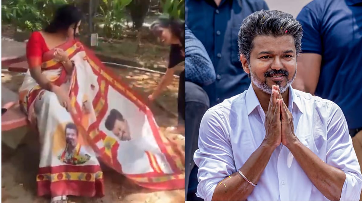 ದಳಪತಿ ವಿಜಯ್ ಭಾವಚಿತ್ರವಿರುವ ಸೀರೆ ತೊಟ್ಟು ಮಹಿಳೆಯ ಫೋಟೊಶೂಟ್