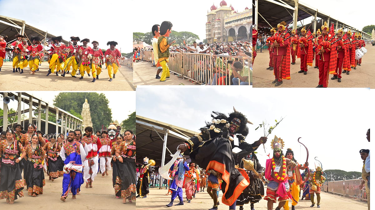 ದಸರಾ ಜಂಬೂಸವಾರಿ ಮೆರವಣಿಗೆ ವೇಳೆ ರಾಜಪಥದಲ್ಲಿ ಕಲಾತಂಡಗಳ ಸೊಬಗು