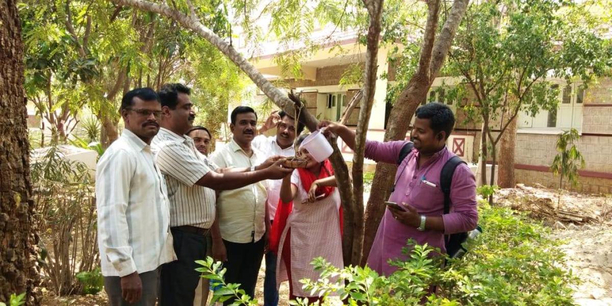 ಪಕ್ಷಿಗಳ ದಾಹ ತಣಿಸುವ ವಿದ್ಯಾರ್ಥಿಗಳು