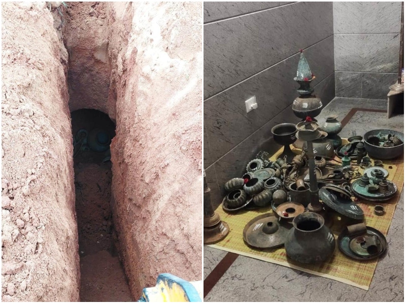 ಮಾಗಡಿ: ಹೊಲದ ಬಂಡೆ ಕೆಳಗೆ ಮಣ್ಣಿನ ಗುಹೆ ಪತ್ತೆ, ಒಳಗಿತ್ತು ಪುರಾತನ ಪೂಜಾ ಸಾಮಗ್ರಿ