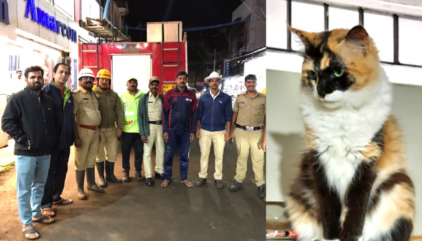 ಬೆಳಗಾವಿ: ಮಕ್ಕಳ ಮುದ್ದಿನ ಬೆಕ್ಕು ರಕ್ಷಿಸಿದ ಅಗ್ನಿಶಾಮಕ, ಪೊಲೀಸ್ ಸಿಬ್ಬಂದಿ 