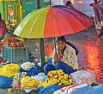 ಬುಟ್ಟಿಯ ಹೂವು,  ಛತ್ರಿಯ ರಂಗು ಮಳೆ ನೀರೊಳು ರಸ್ತೆಯಲ್ಲಿ ಹರಿಯಿತೇ? ವ್ಯಾಪಾರಕ್ಕೆ ಕಾರ್ಮೋಡ ಕವಿದರೂ ಅವಳ ಕಣ್ಣಲ್ಲಿ ಹಬ್ಬದ ಮೆರವಣಿಗೆ (ಮಲ್ಲೇಶ್ವರದಲ್ಲಿ ಸೋಮವಾರ ಕಂಡು ಬಂದ ದೃಶ್ಯ)