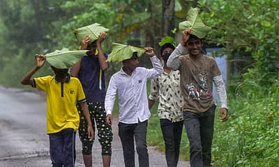 ಛತ್ರಿ ತರಲು ಮರೆತಿದ್ದ ಮಕ್ಕಳು ಸಾಗುವಾನಿ ಮರದ ಎಲೆಹಿಡಿದು ರಕ್ಷಣೆ ಪಡೆದ ದೃಶ್ಯ. (ಪ್ರಜಾವಾಣಿ ಚಿತ್ರ/ಇರ್ಷಾದ್‌ ಮಹಮ್ಮದ್‌)