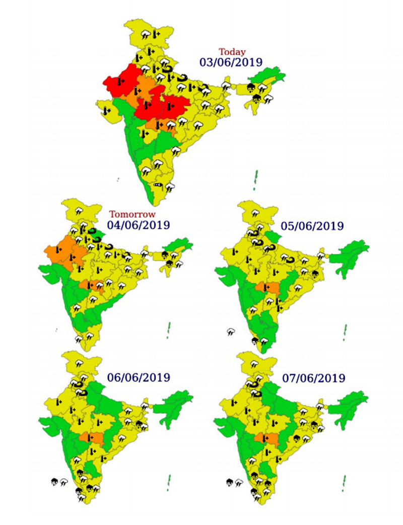 ದಿನಾಂಕವಾರು ಮಳೆ ಬೀಳುವ ಹಾಗೂ ಬಿಸಿಗಾಳಿ ಬೀಸುವ ಸ್ಥಳಗಳನ್ನು ಹವಾಮಾನ ಇಲಾಖೆ ಗುರುತಿಸಿದೆ.